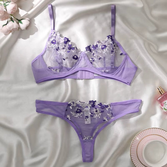 Sexy Lace Lingerie Push up Lingerie Semi-Sheer Bra and Panty Sets Women Gathering Chest Underwear Flower Embroidery Bralette Set